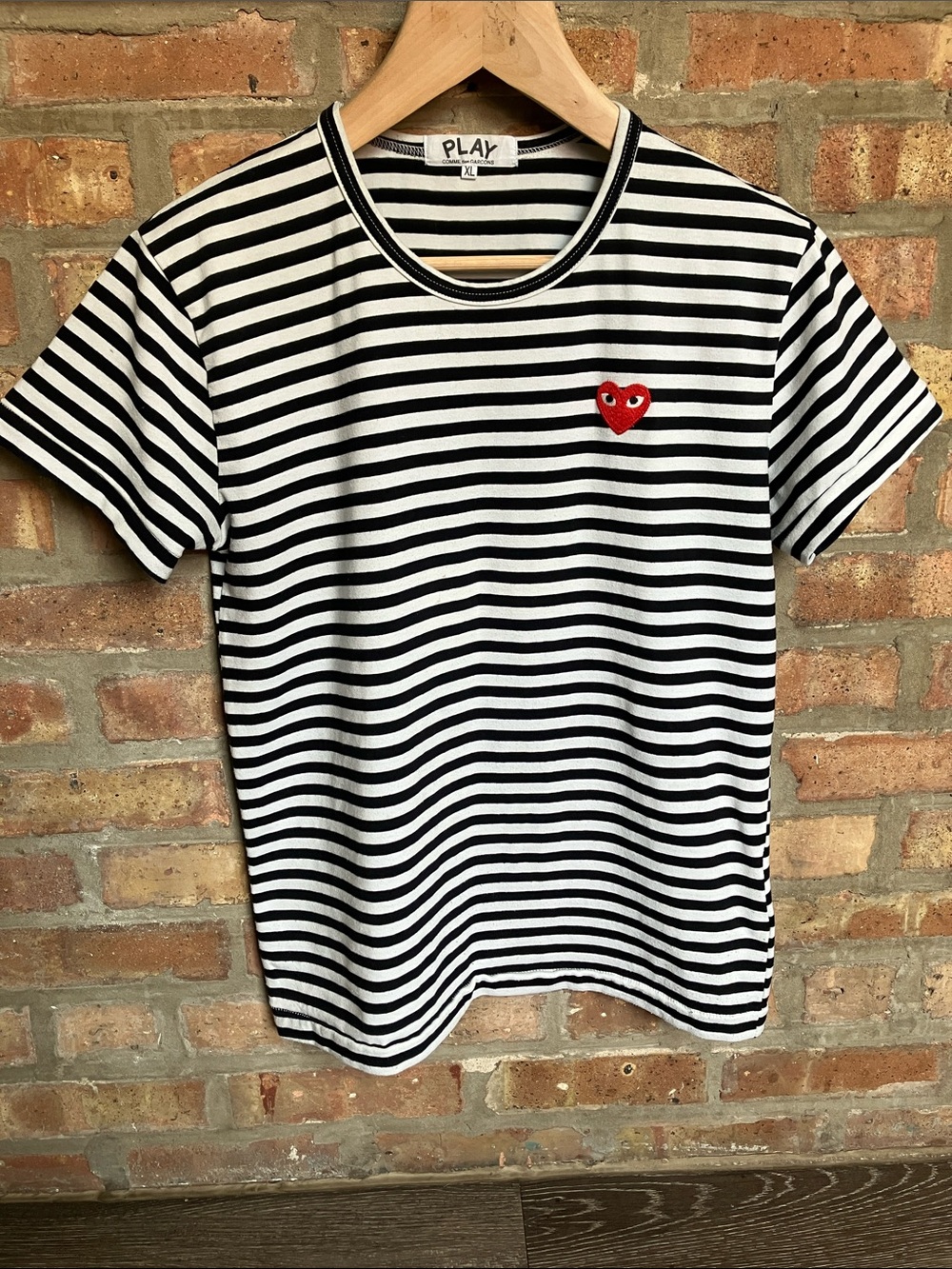 Comme des Garcons PLAY Black & White Striped Tee with Red Heart